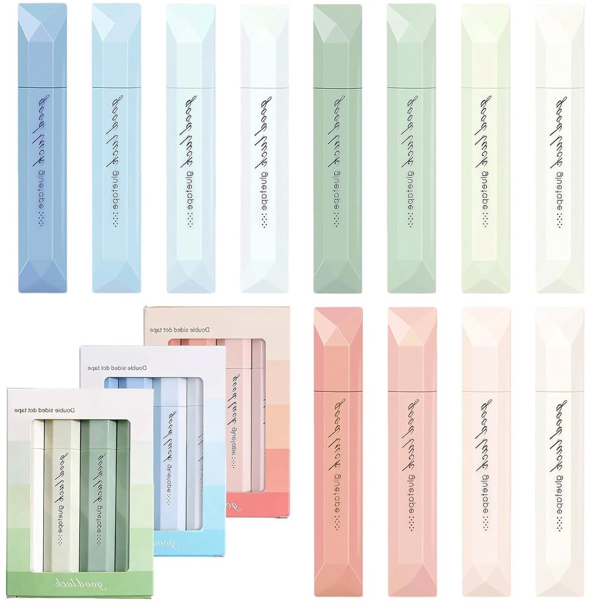 Dubbelzijdige tape-pennen 12 stuks, 6 mm x 5 m lijmstiften voor fotoalbums, ambachten en kantoorprojecten (blauw, groen, roze)