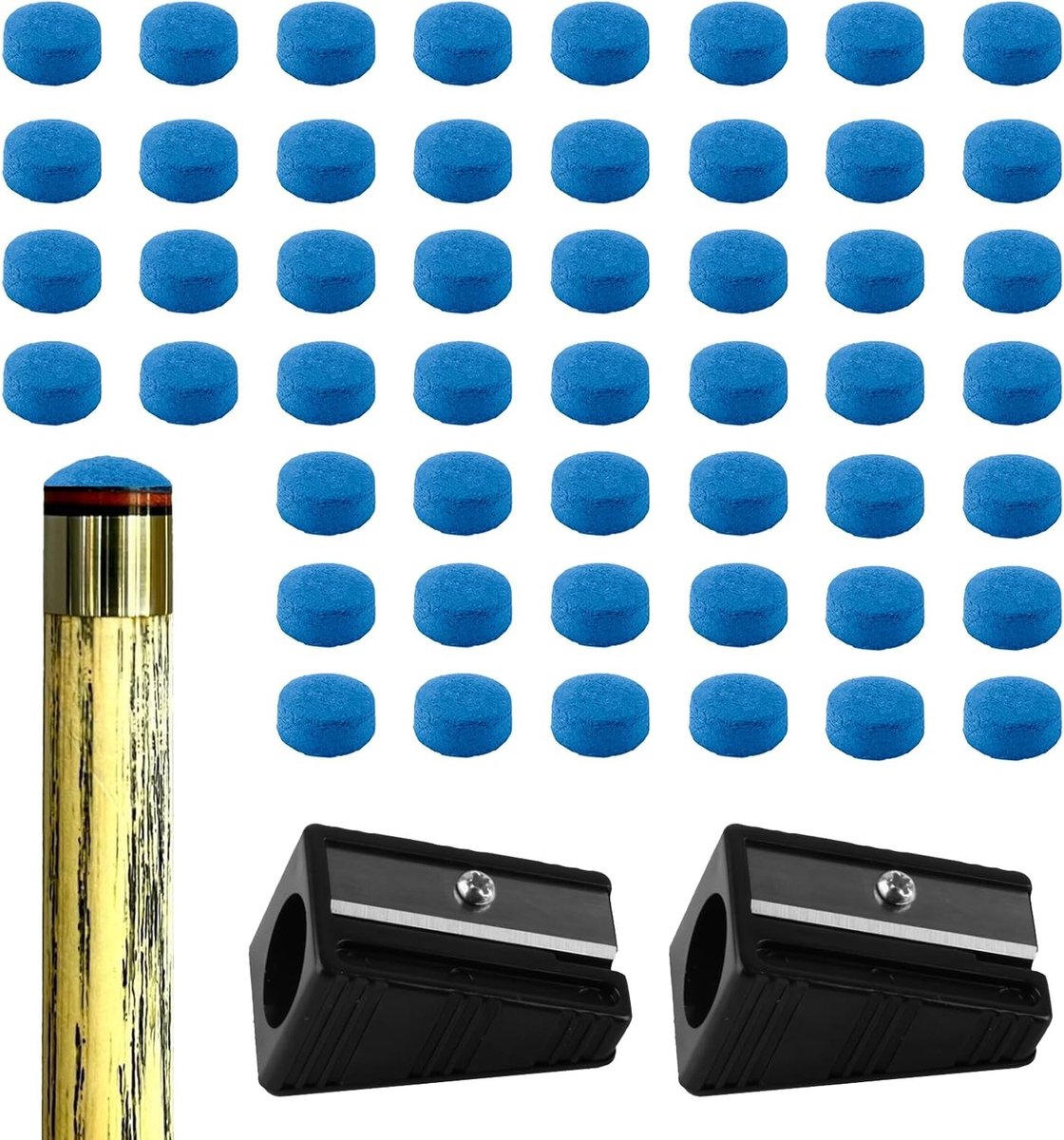 SnelShoppen - 50pcs Billiard Cue Tips 10mm Leer, Vervangtips voor Biljartstok, Blauw met 2x Puntenslijper, Pool en Snooker Accessoires