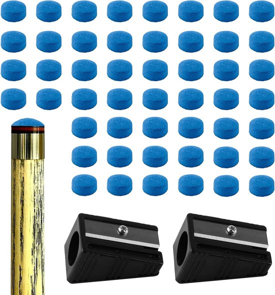SnelShoppen - 50pcs Billiard Cue Tips 10mm Leer, Vervangtips voor Biljartstok, Blauw met 2x Puntenslijper, Pool en Snooker Accessoires