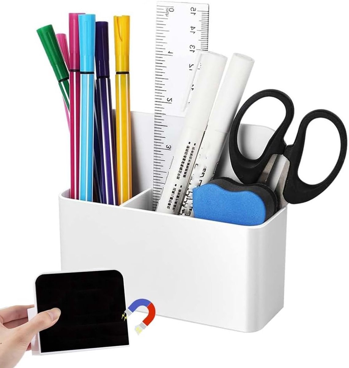 Magnetische Pennenhouder voor Kantooraccessoires, Wit, 12.5 x 12 x 4 cm, Ideaal voor Koelkast en Whiteboard, Geschikt voor Metalen Oppervlakken