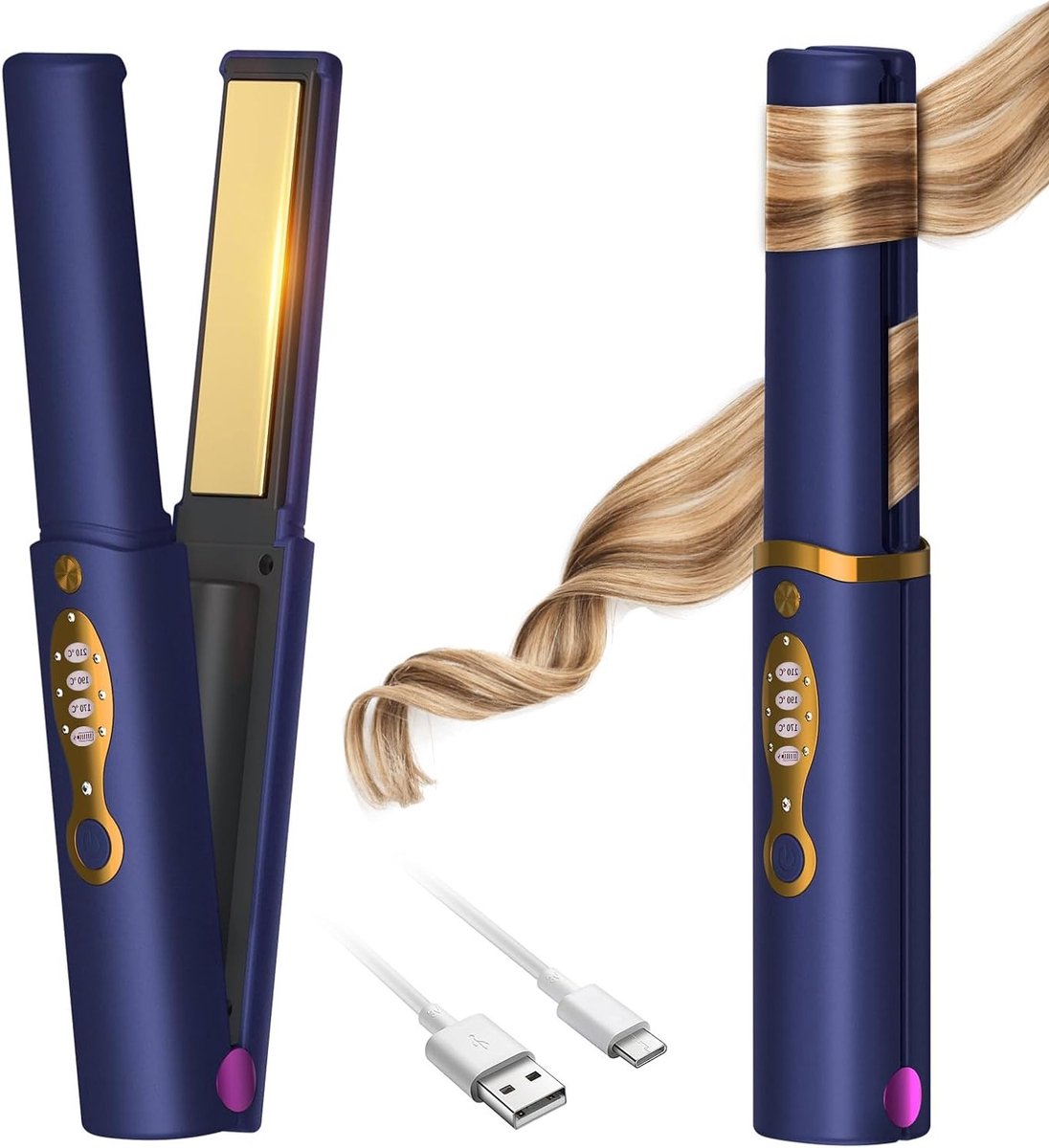 Draadloze 2-in-1 Haarstyler met Titanium Platen, Oplaadbare Reisetang voor Steil en Krullend Haar, Temperatuurinstellingen 170/190/210 °C, Ideaal voor Thuis en Op Reis