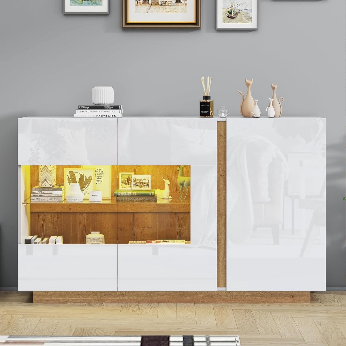 Snow Crystal Modern Hoogglans Dressoir met Smart RGB LED-Verlichting – Luxe Wit Buffetkast met Glazen Panelen en Houten Onderstel – Design Wandkast voor Woonkamer en Hal – 138W x 38D x 90.5H cm