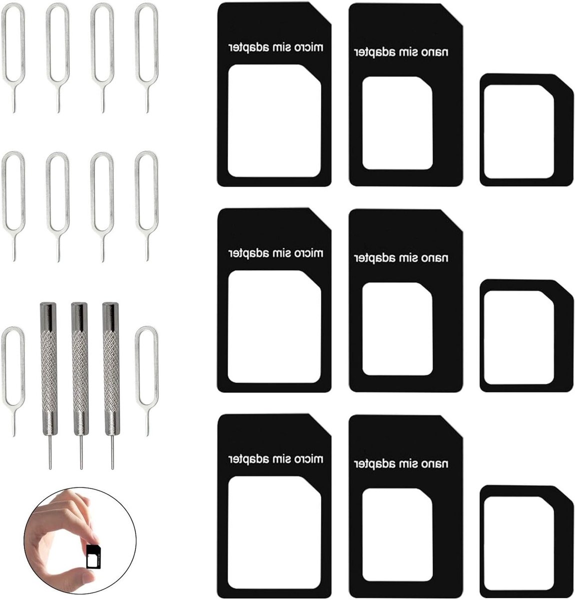 16-delige 4-in-1 SIM Kaart Adapter Set met Ejectie Naald, Nano, Micro en Standaard Adapter, SIM Kaart Extractor en Verwijder Tool voor Smartphone en Tablet