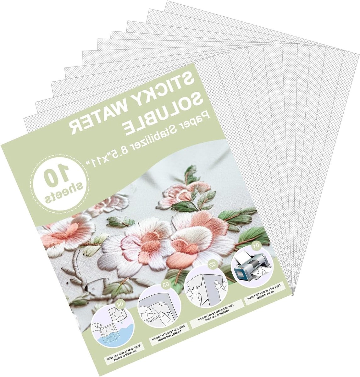 Wateroplosbare Borduurvleece 28 x 21,5 cm, Printbaar Borduurpapier voor Handgeschilderd en Geborduurd, Verpakking van 10 Stuks