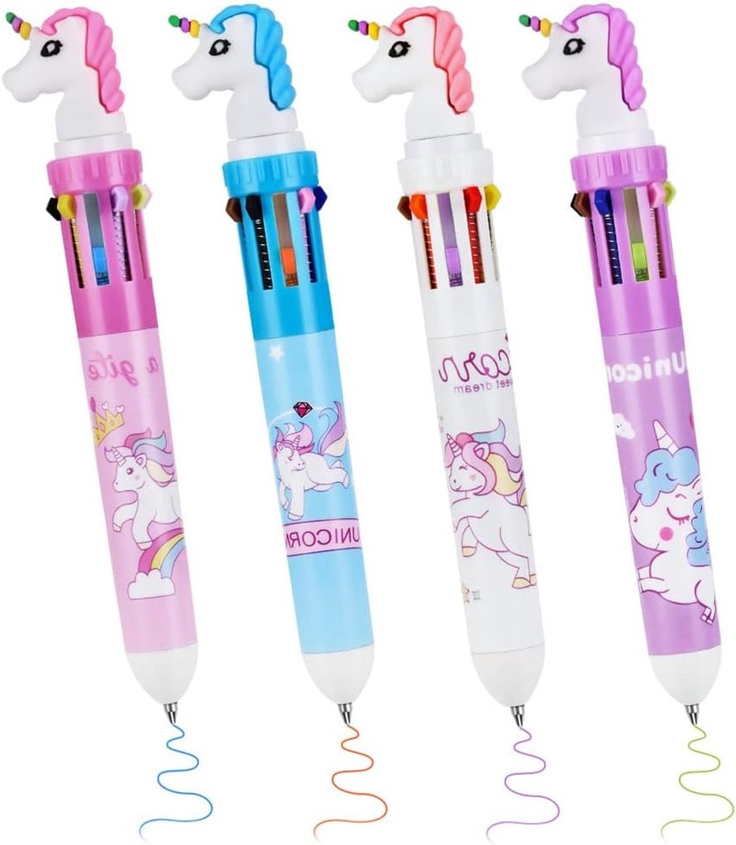Kleurige balpennen set van 4 stuks, 10-in-1 retractable met een eenhoorn ontwerp, perfect voor school en creatief gebruik