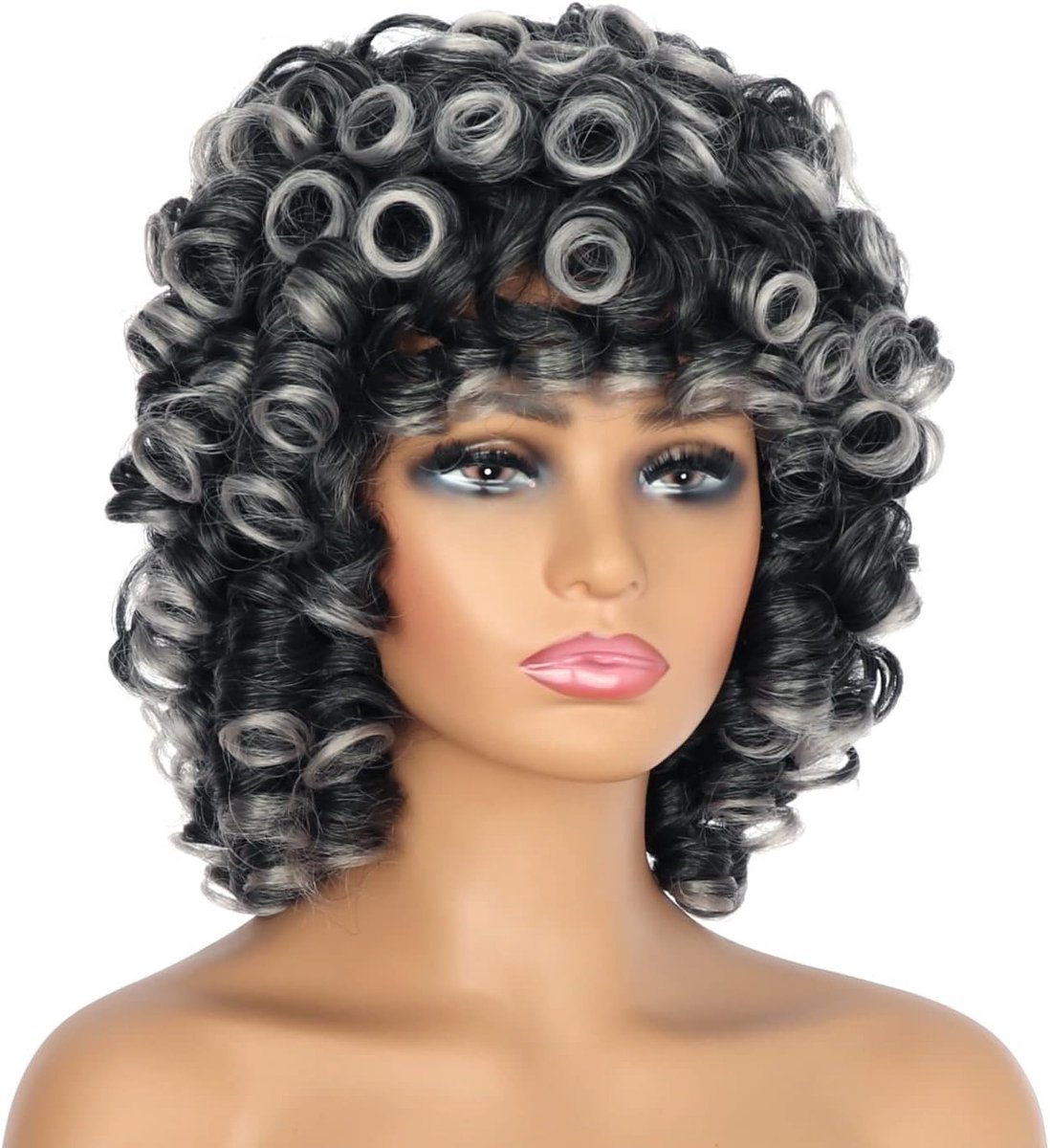 Natuurlijke uitziende synthetische haarwig voor zwarte vrouwen, afro haar met losse krullen, korte vol krullen en bangs in zwart en grijs