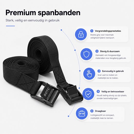 Zwarte spanbanden met metalen gesp. Iconen tonen de vergrendelingsprestaties, stevigheid en gebruiksgemak.