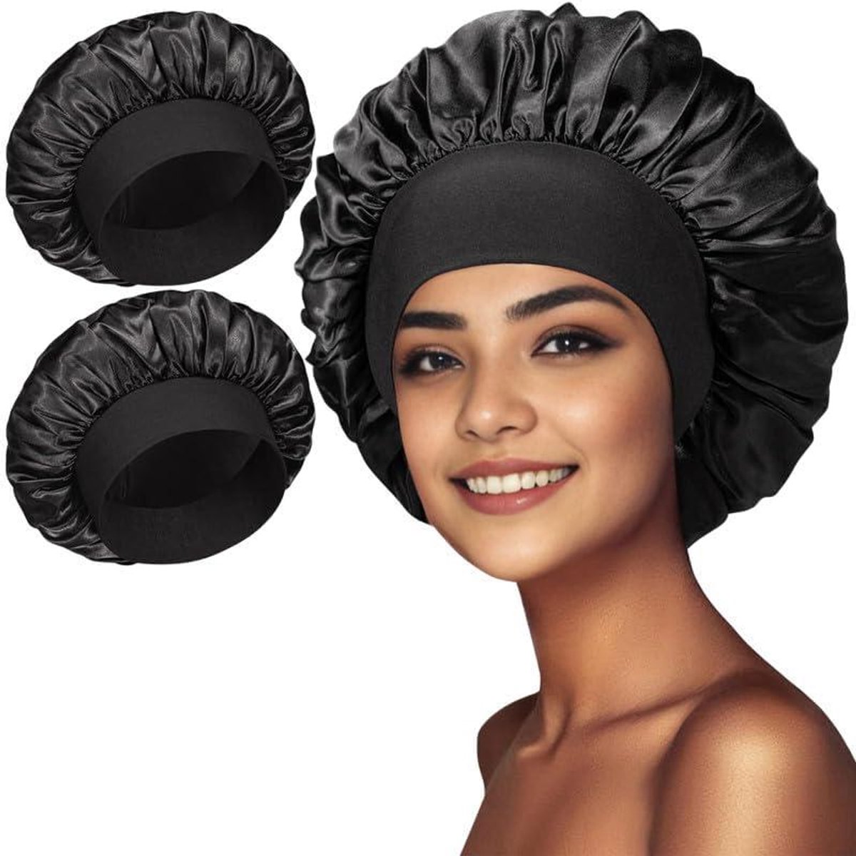 Slaapmuts Haar - Satijnen Hoofdbedekking - Bescherming Haar - Brede Elastische Band - 2 Stuks - Zwart