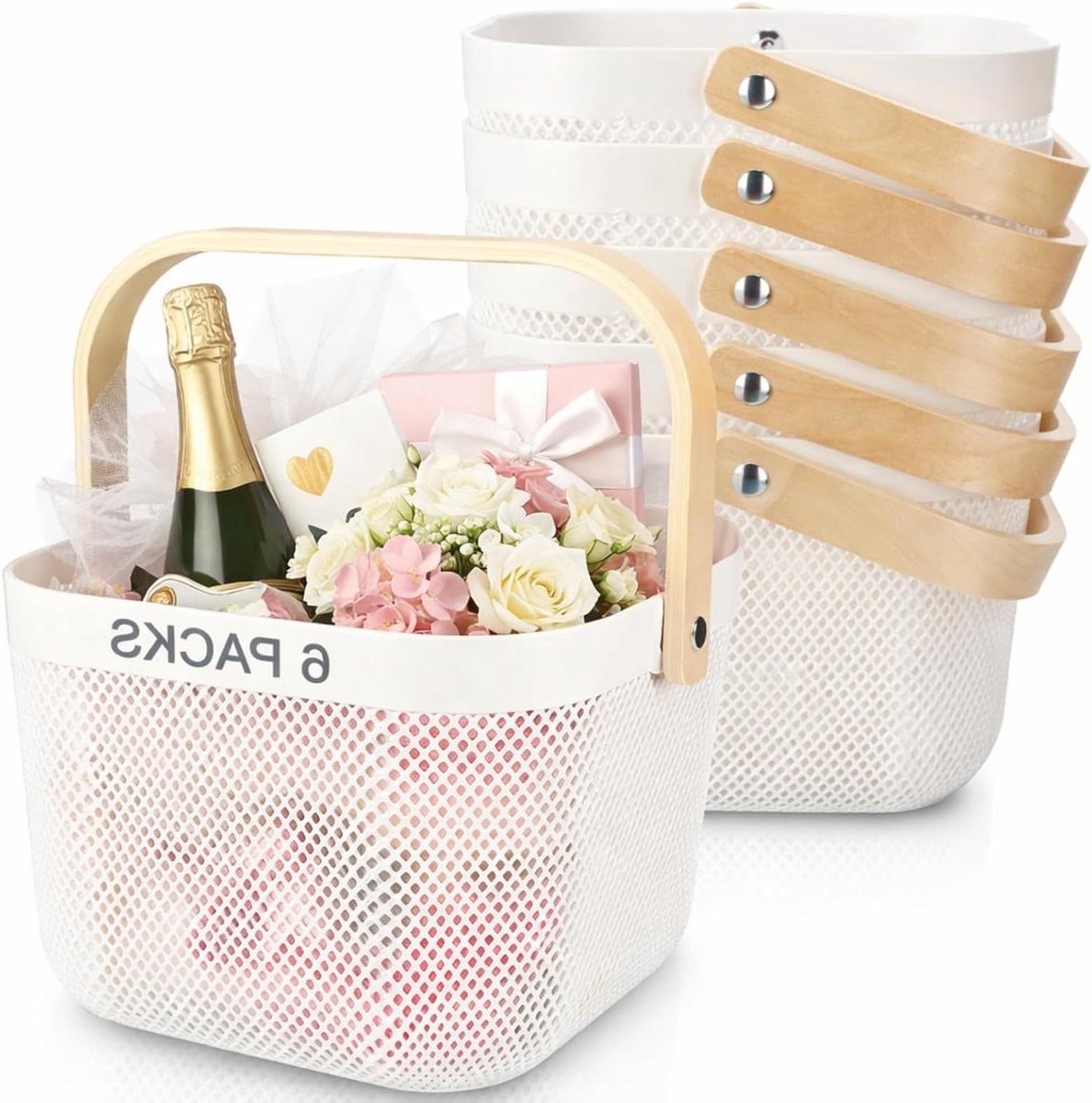 Opbergmanden Gaas - Mandjes Set - Keuken Organiseren - Met Handvat - 6 Stuks - Wit
