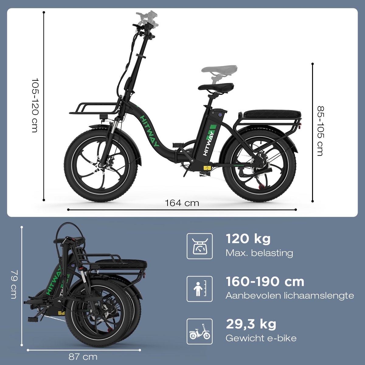 Hitway Elektrische Fiets BK6S Pro - 20*4.0 Inch Fat Tire City Commuter EBike met Afneembare 48V 18Ah Lithium Batterij - Opvouwbaar Mountain E-Bike met 250W Motor - APP Bediening - 7 Versnellingen - IP54 Waterdicht - afbeelding 2