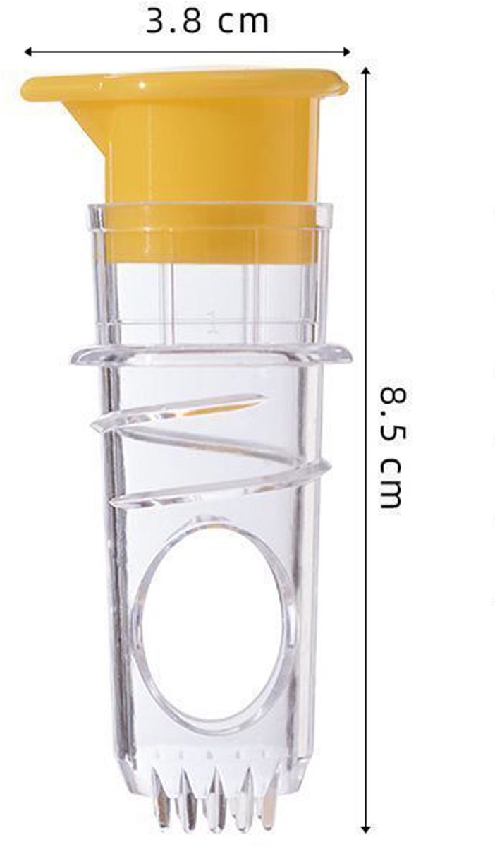 2-stuks Citruspers - Sapcentrifuge - Citroenpers - Handmatige sapcentrifuge - 8,5 x 3,8 cm - Spiraalpers - Met filtergaas - Afneembaar - Geschikt voor citroenen, sinaasappels, granaatappels en ander fruit - Geel — afbeelding 2