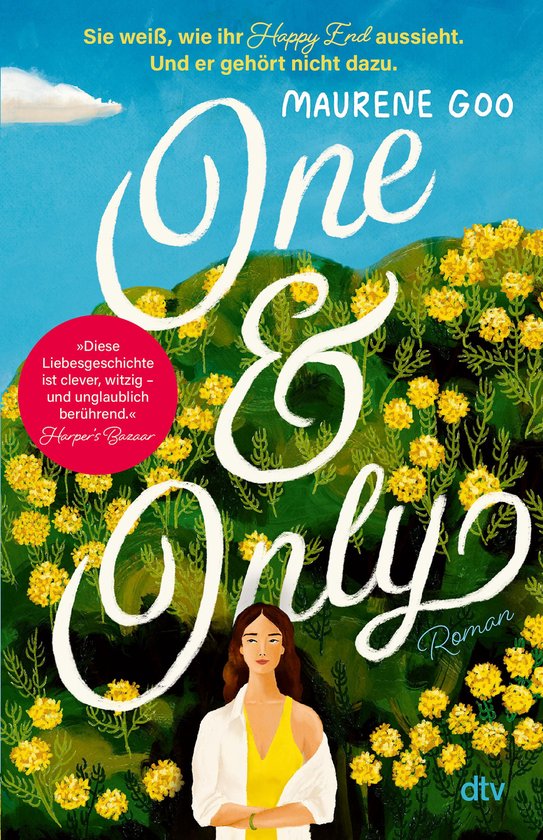 Boekomslag van "One & Only" met een vrouw op de voorgrond, omringd door gele bloemen en groene heuvels.