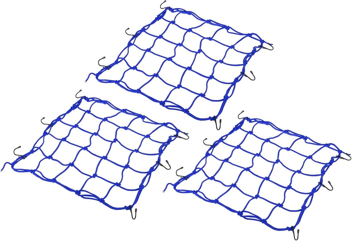 Luggage Net - 3 Stuks - Hoge Elasticiteit Motorfiets Bagagebanden met 6 Haken voor Fiets en Motorfiets - 40x40cm - Blauw - Transport - Accessoires
