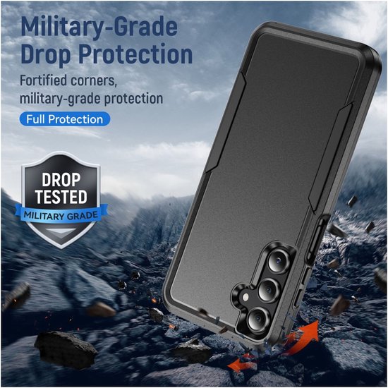 Coque noire de qualité militaire avec coins renforcés, testée contre les chutes pour une protection maximale.