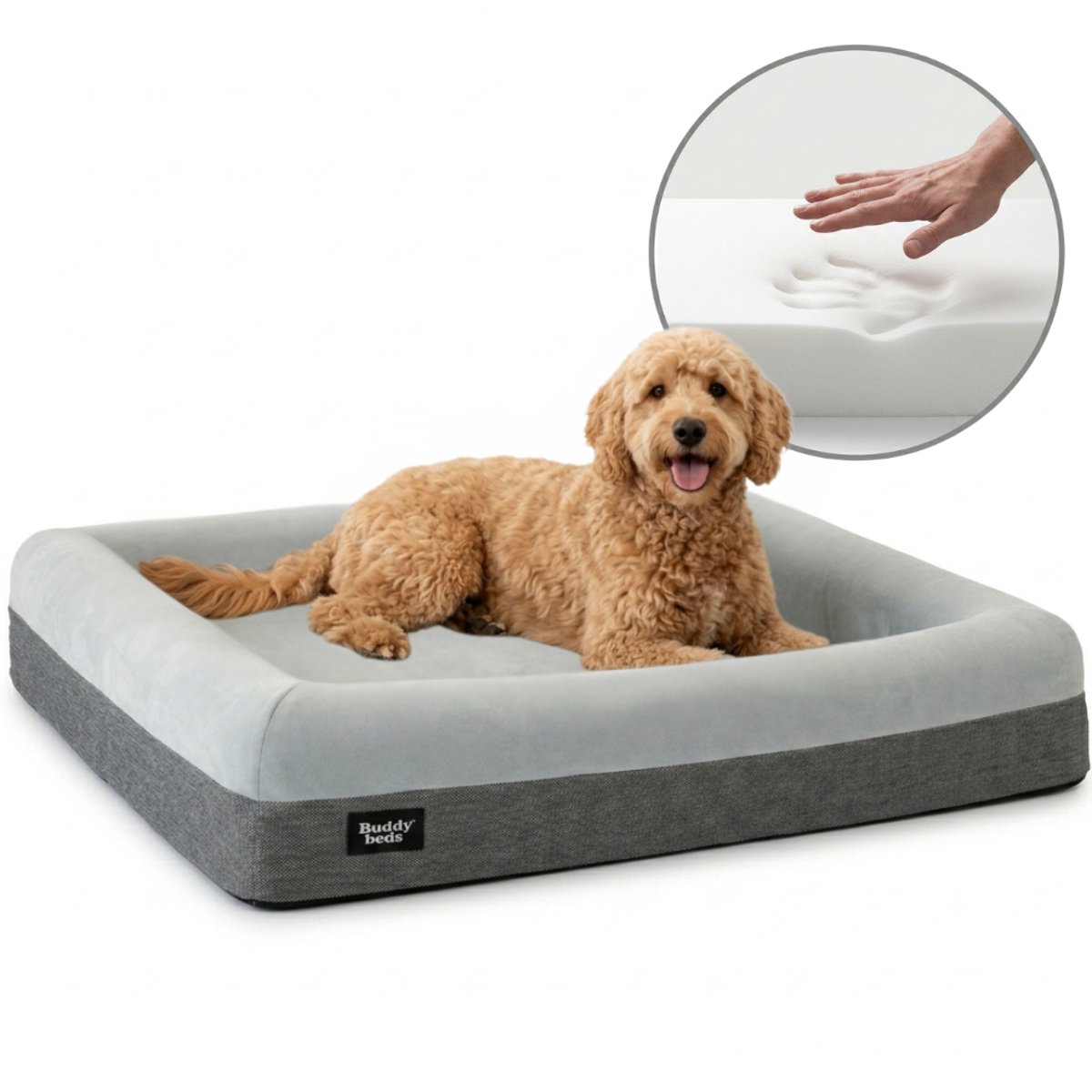 Buddy Beds Orthopedische Hondenmand 100cm – Luxe Hondenbed & Kussen – Waterdicht, Wasbaar & Anti-slip – Hoes met Rits – Grijs – MEDIUM – 94x74x20 cm