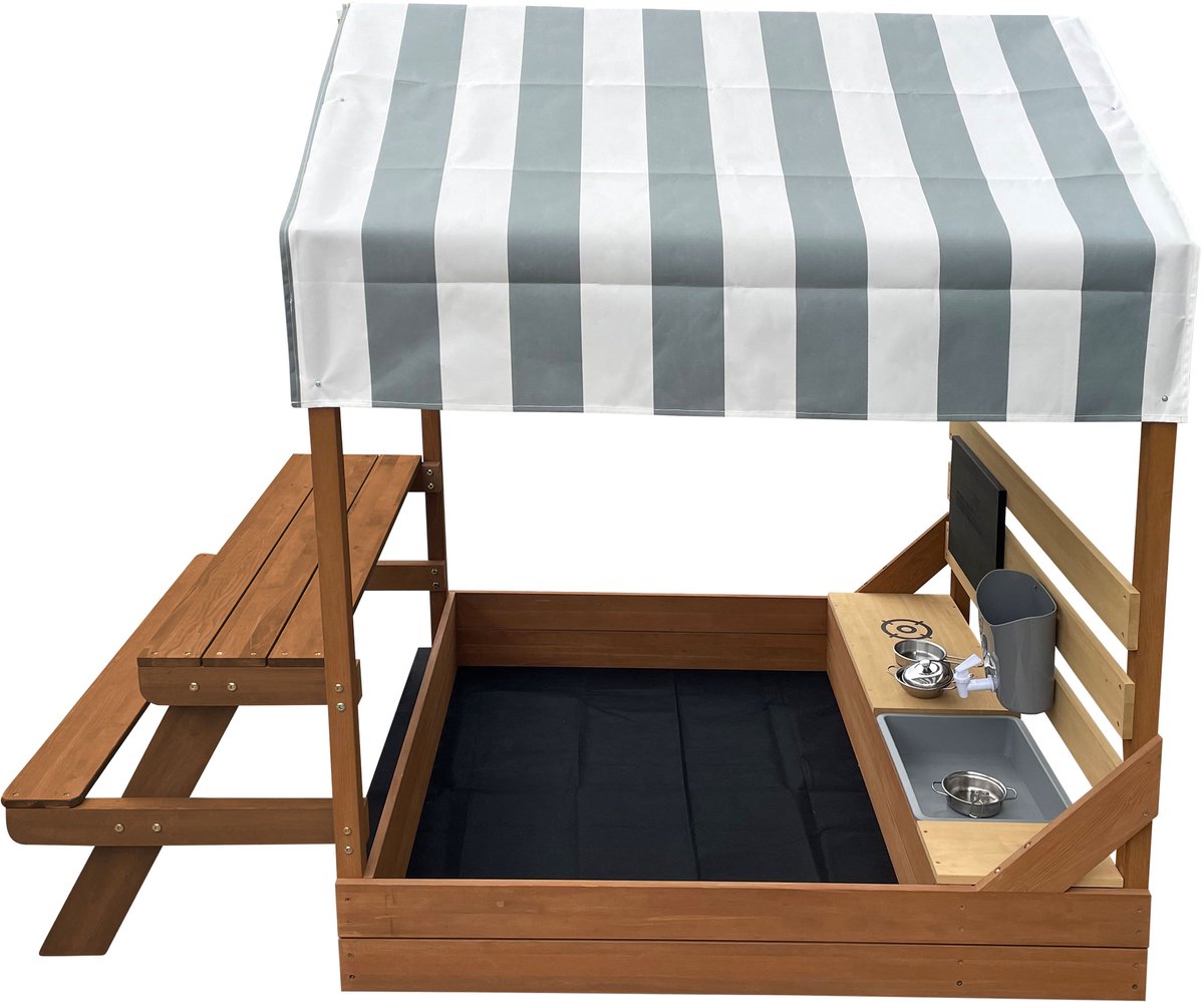 AXI Bo Zandbak & Speelhuisje 159 x 105 cm met Speelkeuken en Picknicktafel Bruin – FSC hout – Met Krijtbord en 6-delig Zandbak Accessoireset – Inclusief afdekzeil en gronddoek – 10 jaar garantie — afbeelding 8