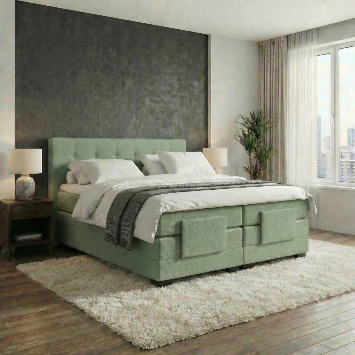 Anno 1588 Elektrische Boxspring LUXA - Pocketvering - Luxe Topper - Lentegroen - 160x200 cm - Inclusief Montage + Dekbed en Kussens