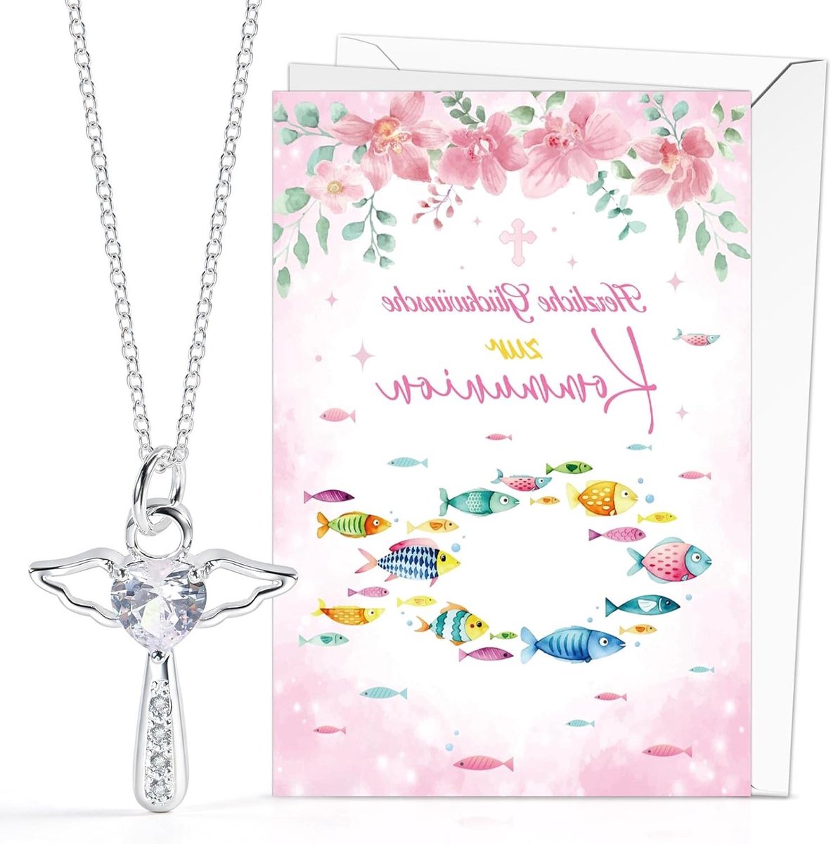 Communie Kaart - Gepersonaliseerd Cadeau - Bijzondere Gelegenheid - Met Engel Hanger - 20 cm - Goud