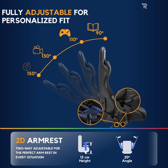 Ranqer Felix – Chaise gaming avec dossier et accoudoirs réglables – Siège gamer Noir