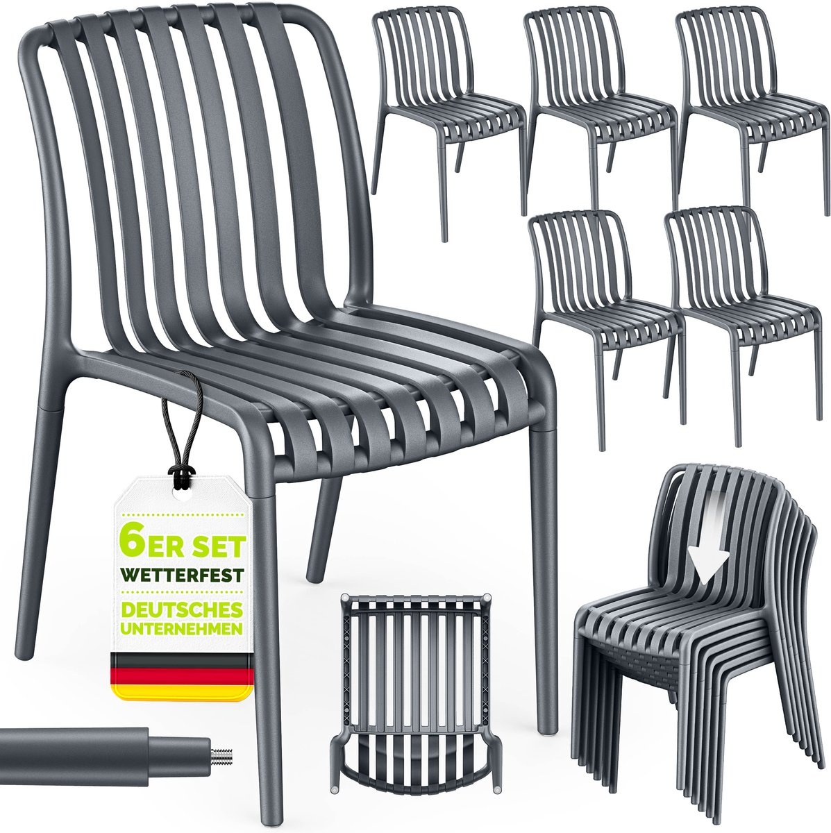 tillvex® Tuinstoelen 6-delige Set Stapelbaar Weerbestendig zonder Armleuning | Outdoor Stoelen tot 120kg Belastbaar | Tuinstoelen Outdoor | Terrasstoel Tuinmeubelen Balkon Tuin Terras