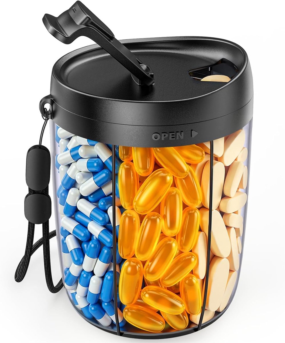 Pillenbox - Grote Tablettenbox 6 Vakken - 1 Stuk Draagbaar - 5+1 XL Design voor Vitaminen en Medicijnen - Reizen en Dagelijks Gebruik - Rond en BPA-vrij