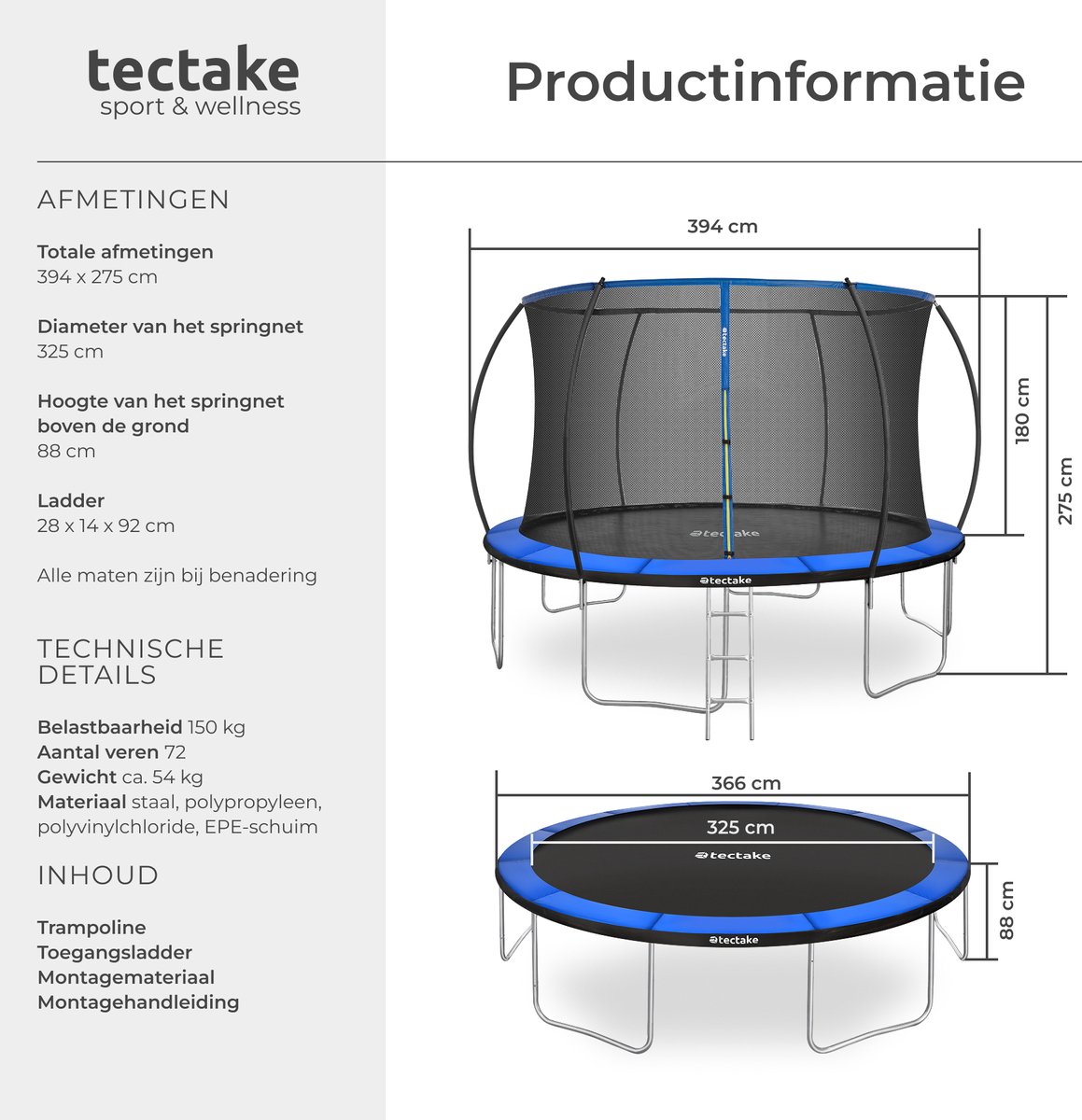 tectake® Trampoline met Veiligheidsnet en Trap - 366 cm - Veilig en Stevig voor Buiten - Tuintrampoline - Fitnesstraining - Kindertrampoline — afbeelding 15