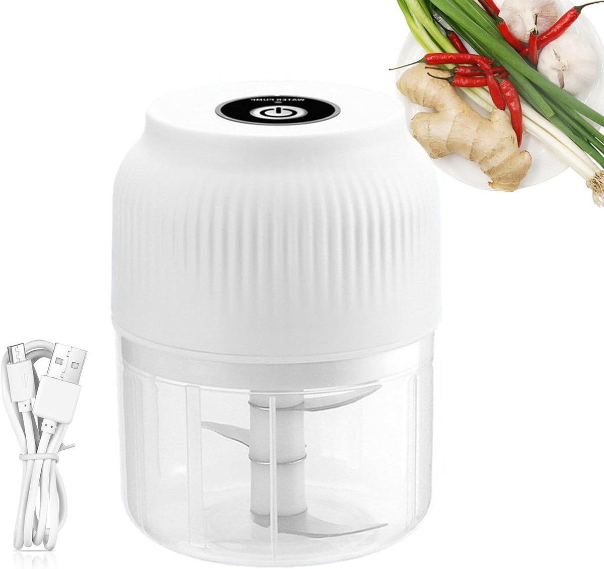 Mini Keukenmachine Knoflookhakker Hakmolen Voedselbereiding Draadloos Oplaadbaar 300ml Wit