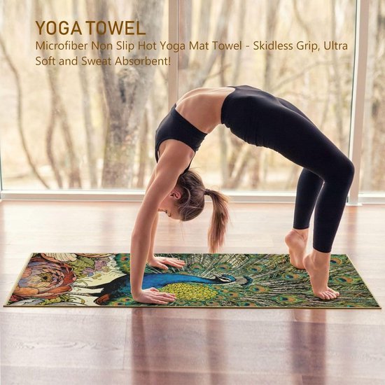 Yoga Handdoek - Mat Deken - Sporten en Fitness - Antislip Natuurrubber - 73 x 27 Inch - Kunst Bloemen Pauw — afbeelding 2