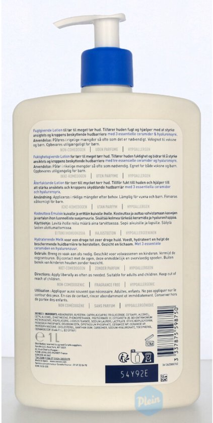 Achterkant van een CeraVe pompflacon met productinformatie in meerdere talen.