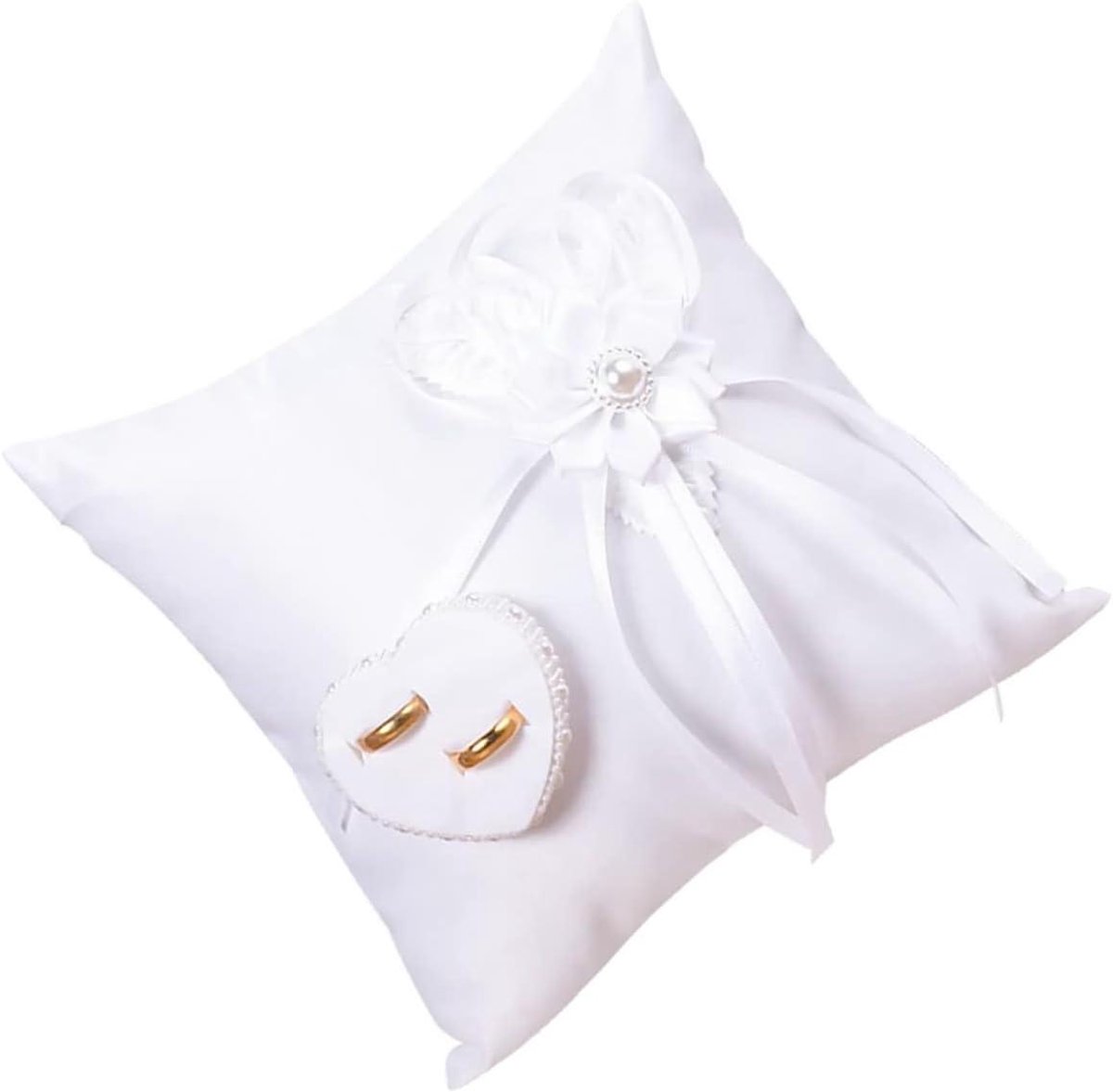 Elegante Ringkussen - Bloemen Trouwringhouder - Bruiloft Ceremonie - Hartvormige Bevestiging - 20x20cm - Wit