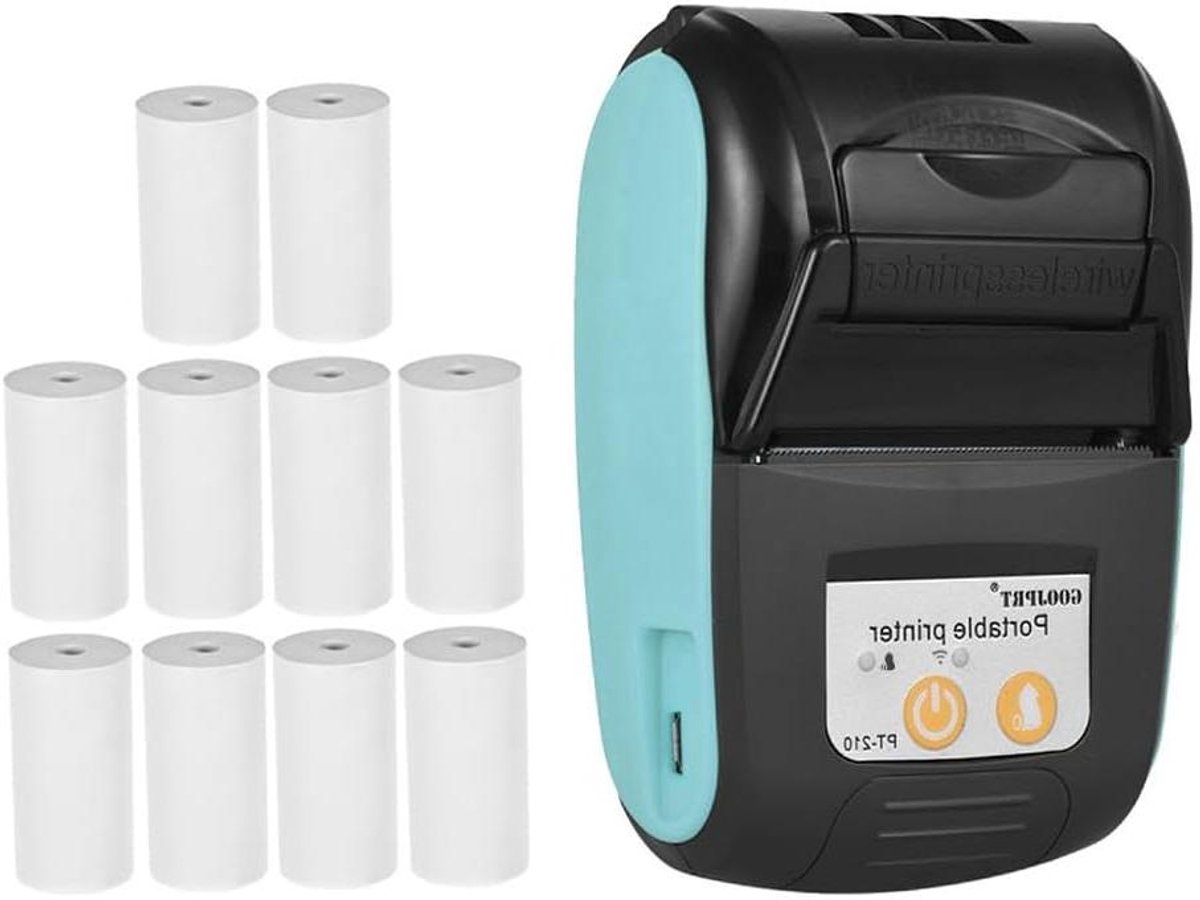 Draagbare Printer - Mobiele Bonprinter - Onderweg Printen - Direct Thermisch - 10 Rollen Papier - Blauw