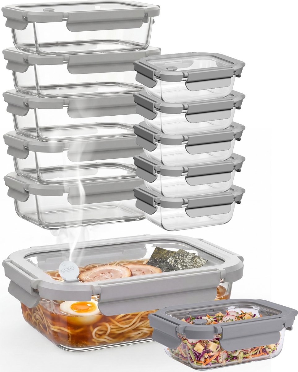 Nord Kitchen Vershoudbakjes Set - met Glazen Stoom Deksel - Meal Prep Bakjes - Diepvriesbakjes Volledig Glas - Luchtdicht - 10 Stuks - 1040 ML + 370ML