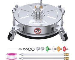 14" High Pressure Washer Surface Cleaner 4500 PSI with 304 Industrial Stainless Steel Housing, 1/4 Inch Quick Plug, 4 Universal Wheels, 2 x 15 Inch Extended Wands, 2 Replacement Nozzles