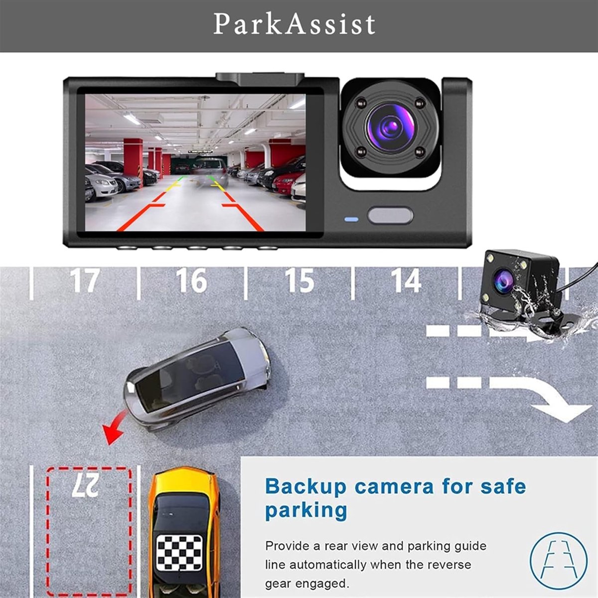 Dashcam 3 Cameralens Auto DVR 3-kanaals Dash Cam HD 1080P Dashcamera Dual Lens Dashcam Videorecorder Black Box 24H Parkeerbewaking Dash Camera (Kleur : B, Size : None) – foto 4