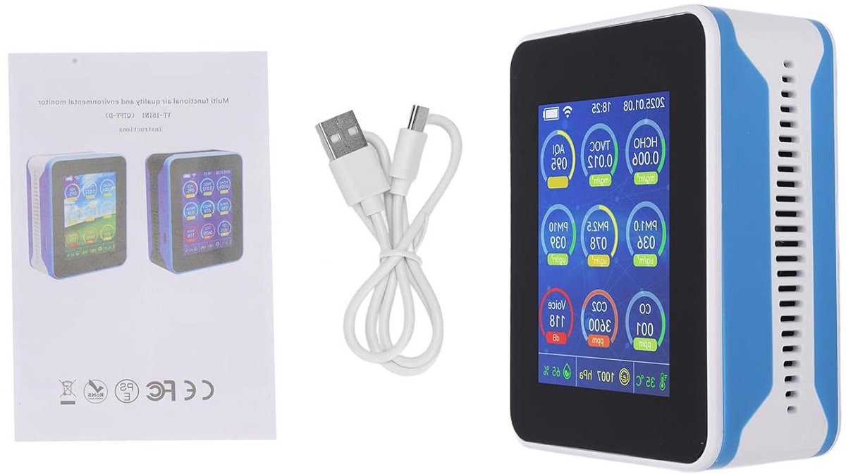 Luchtkwaliteitsmonitor - Binnenluchtmeter - Luchtkwaliteit Meten - WiFi Connectiviteit - 2.8 Inch Scherm - Blauw Wit