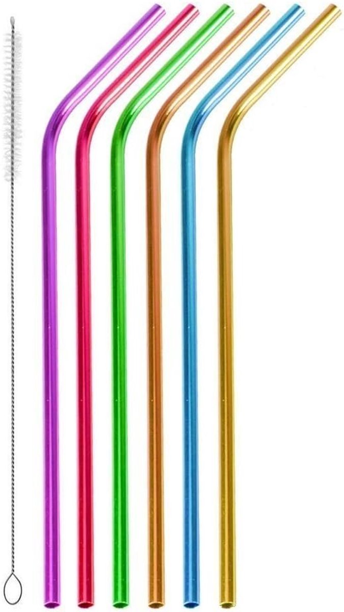 Zes herbruikbare roestvrijstalen rietjes van 26,7 cm (10,5 inch), geschikt voor roestvrijstalen drinkbekers en koude dranken. Inclusief een schoonmaakborstel in regenboogkleuren met een schuine punt