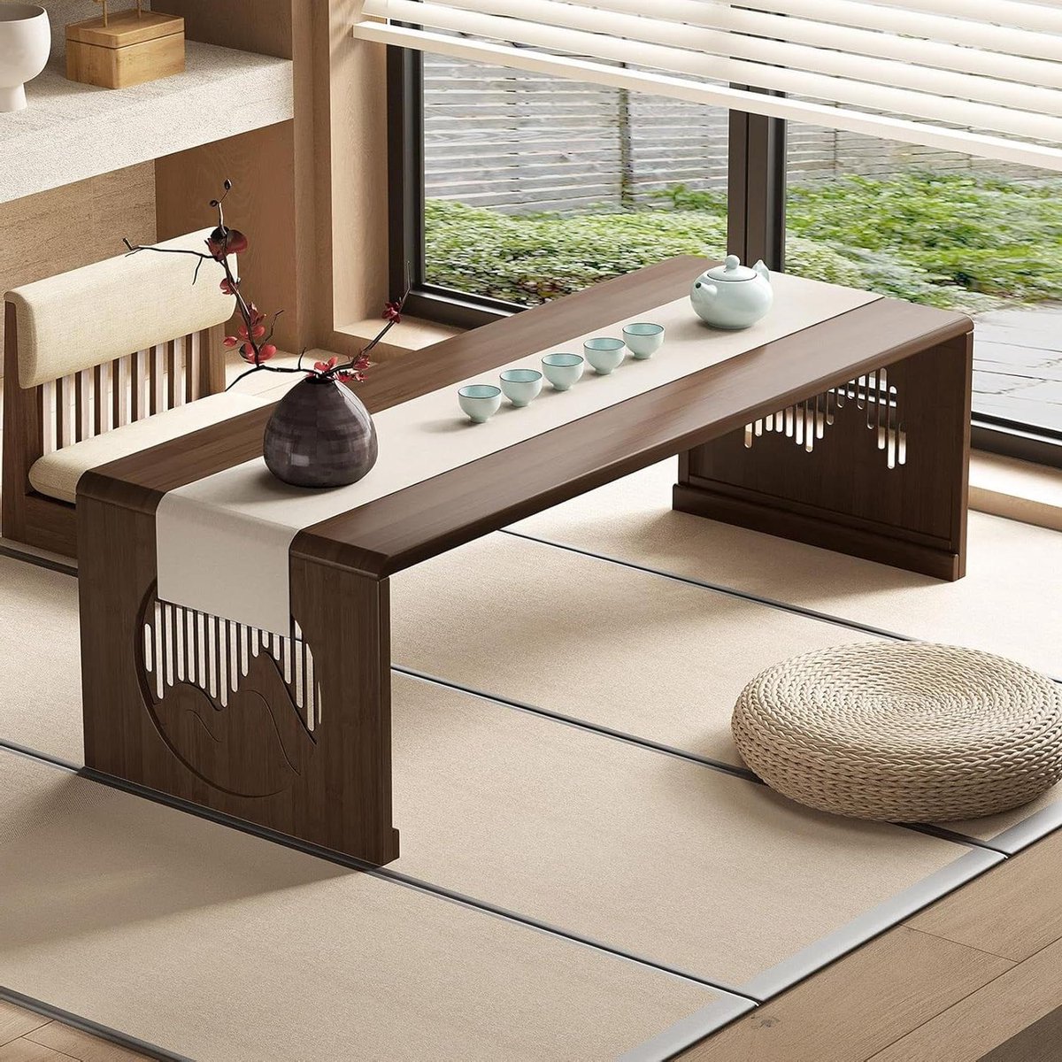 Foldable Bamboo Japanese Low Coffee Table, Portable Tatami Tea Table for Floor Sitting, Rectangular Low Dining Tables for Living Room, Bay Window, Balcony(Walnut color,80x48x30cm/31.5x18.9x11.8in)