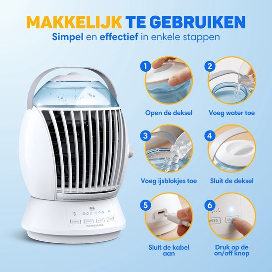 Stapsgewijze instructies voor het gebruik van de mini airco. Bevat een waterreservoir, ijsblokjes en USB-C aansluiting.