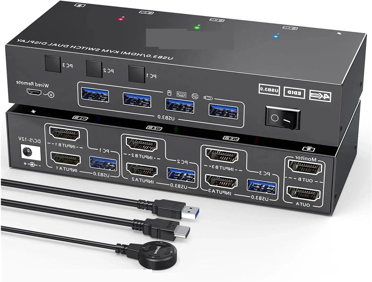 Videoschakelaar KVM - Dubbele Monitor - Productiviteit Verhogen - EDID Simulatie - 3x Computer - Zwart