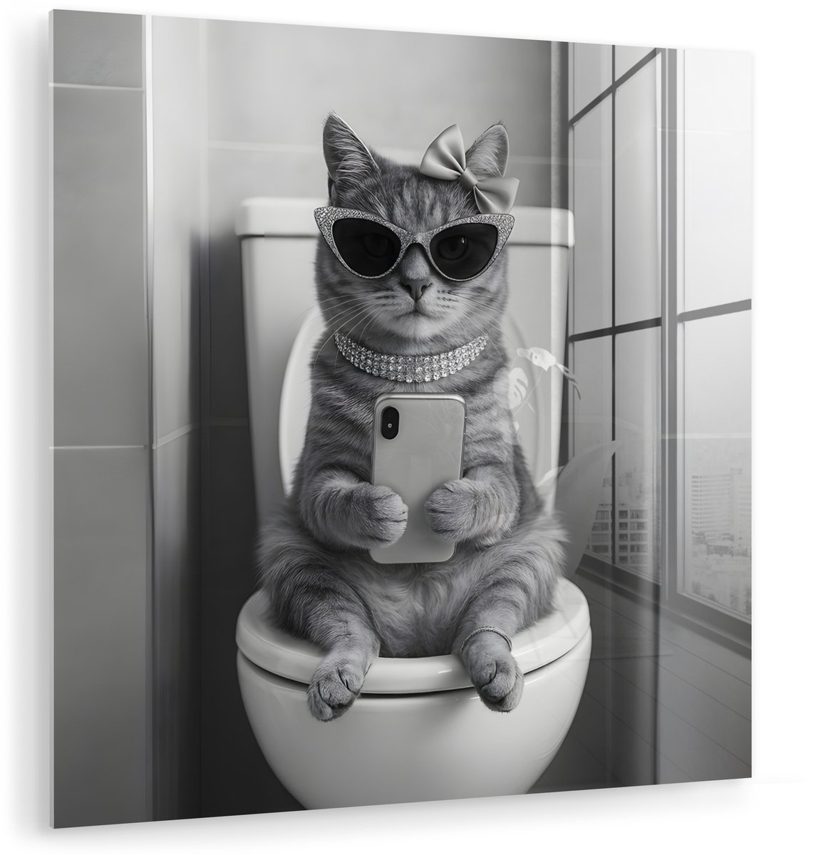 MuchoWow® Glasschilderij 50x50 cm - Schilderij acrylglas - Kat - Telefoon - Toilet - Zwart