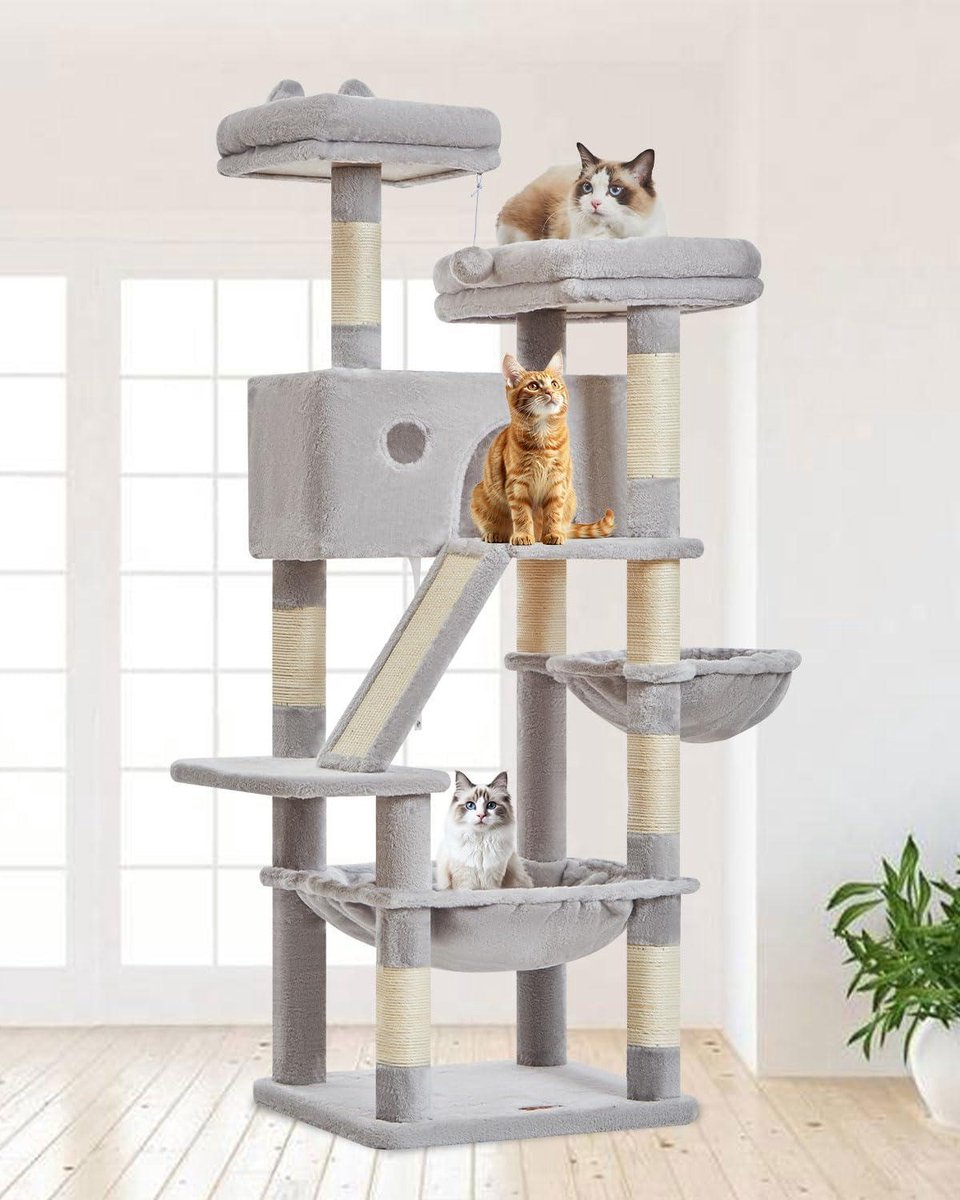 Taoqimiao Krabpaal MS026W, 146CM Krabpaal Grote Kat met 7 Krabpalen, 2 Platformen, 1 Grotten, Hangmat, Mand, Kattenkrabbord, Pluche Ballen, Lichtgrijs