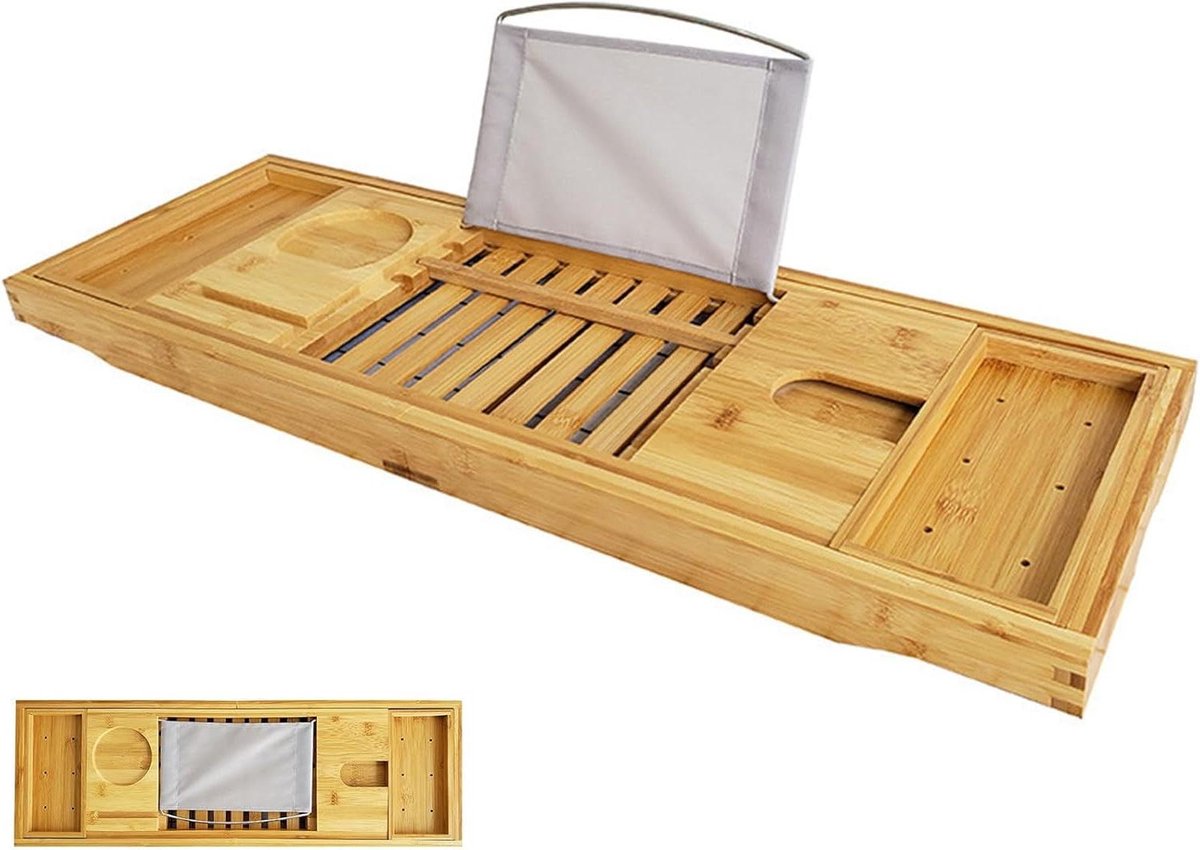 Badkuip Dienblad - Bad Accessoires - Ontspannen in Bad - Uitschuifbaar en Verstelbaar - Tot 105 cm - Natuurlijk Bamboe