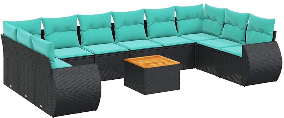 vidaXL - 11-delige - tuinbankset - met - kussens, - zwart - polyrotan