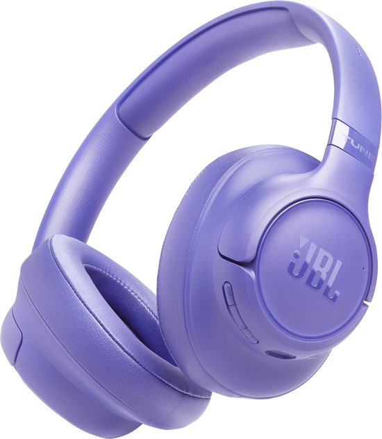 Casque JBL violet clair plié, vue de côté avec logo JBL.