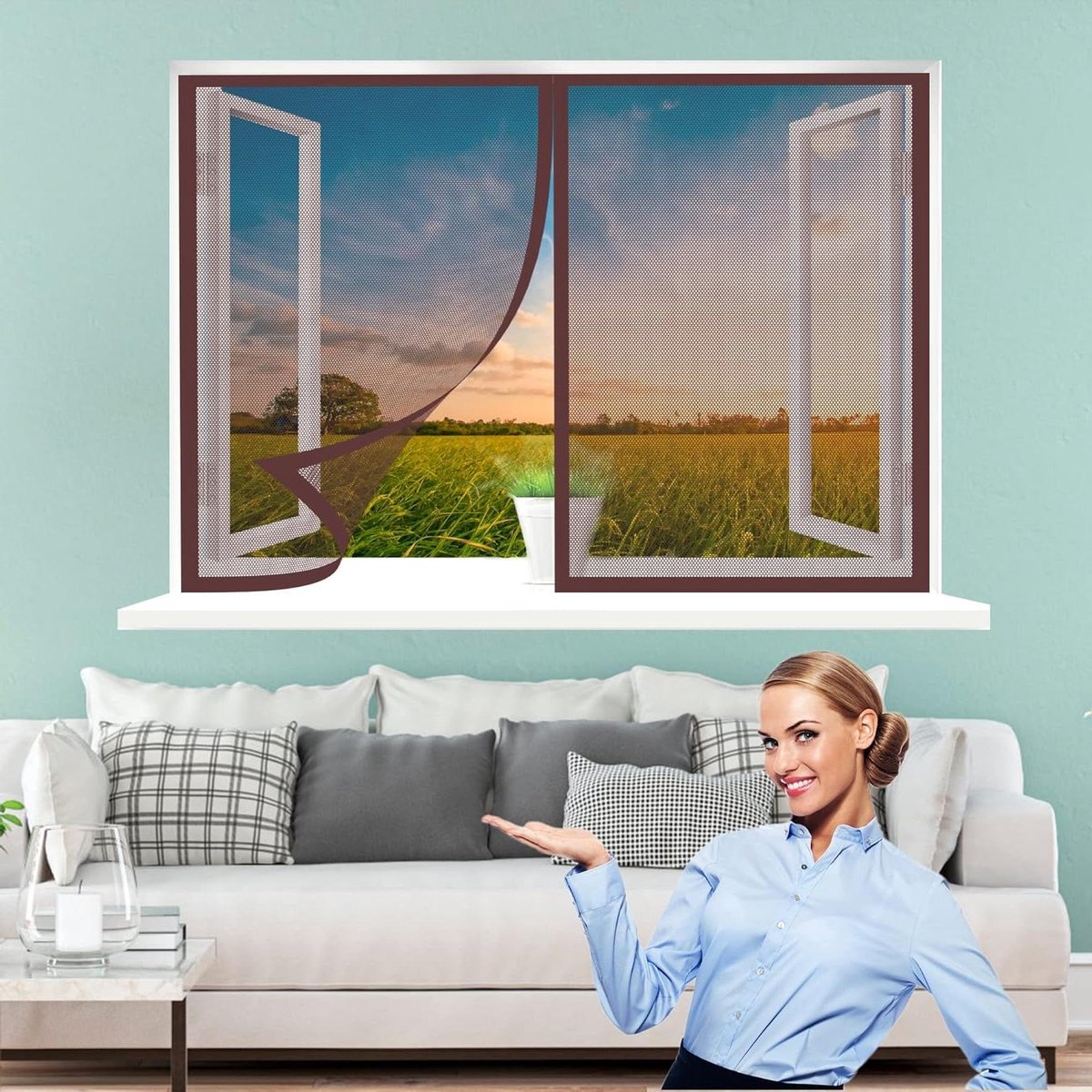 Horren voor raam - Vliegenhor Raamscherm - Insecten buiten - Magnetische bevestiging - 60 x 50 cm - Bruin