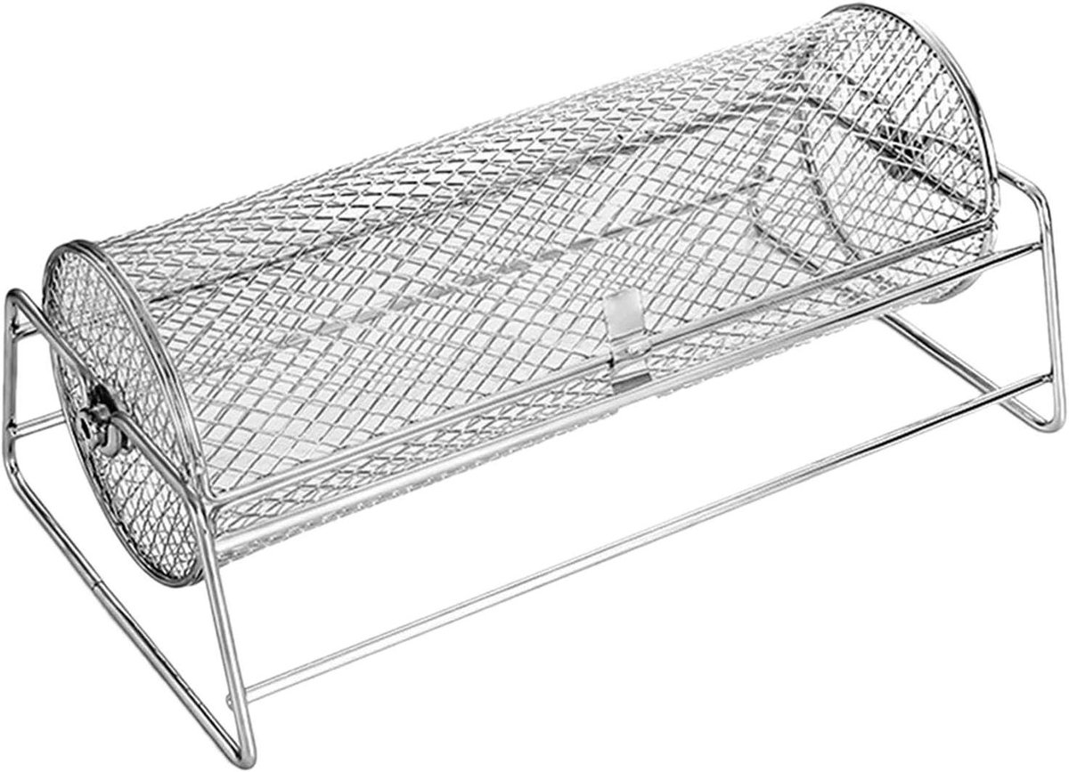 Grillmand RVS Rolmand BBQ Buiten koken Roterend trommelontwerp 35.5 x 19 x 14 cm Zilver