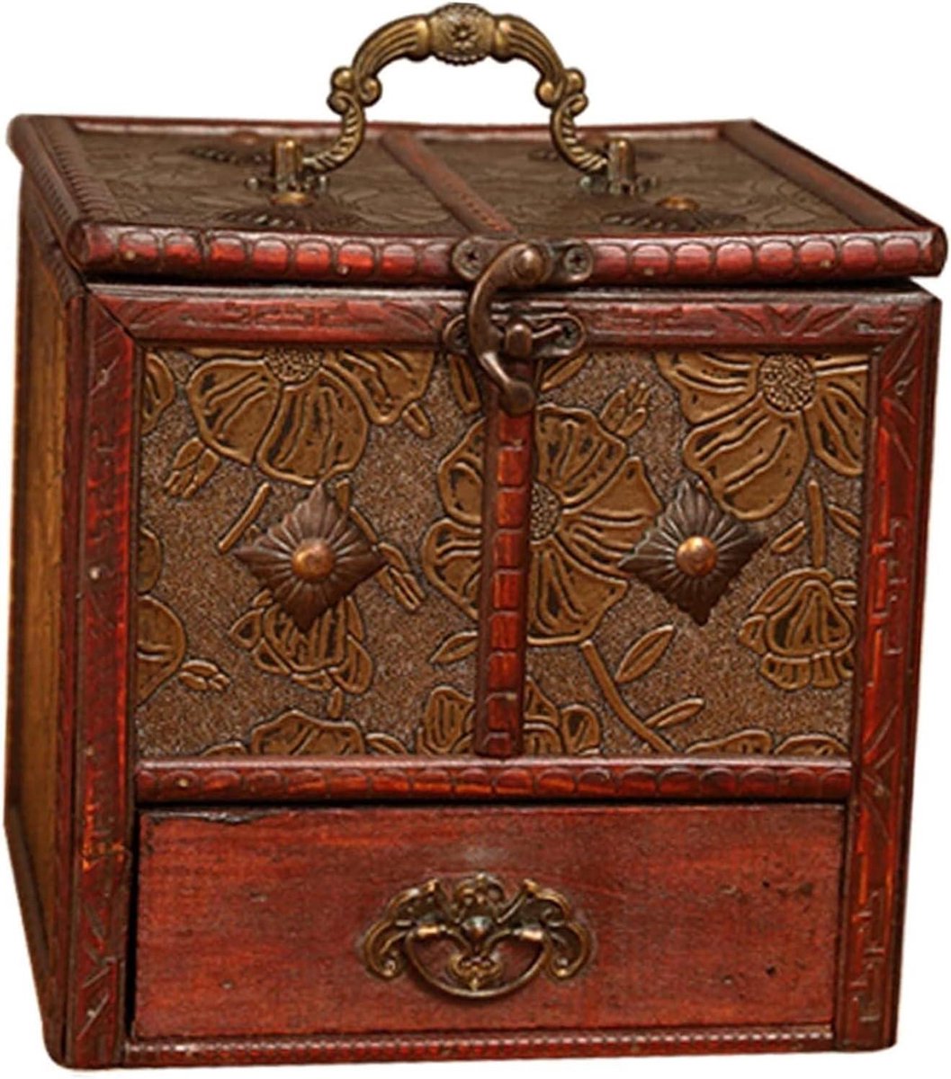 Houten Sieradenkist - Opbergdoos Decoratief - Sieraden Opbergen - Met Handvat Spiegel - 30 x 20 x 10 cm - Houtkleur