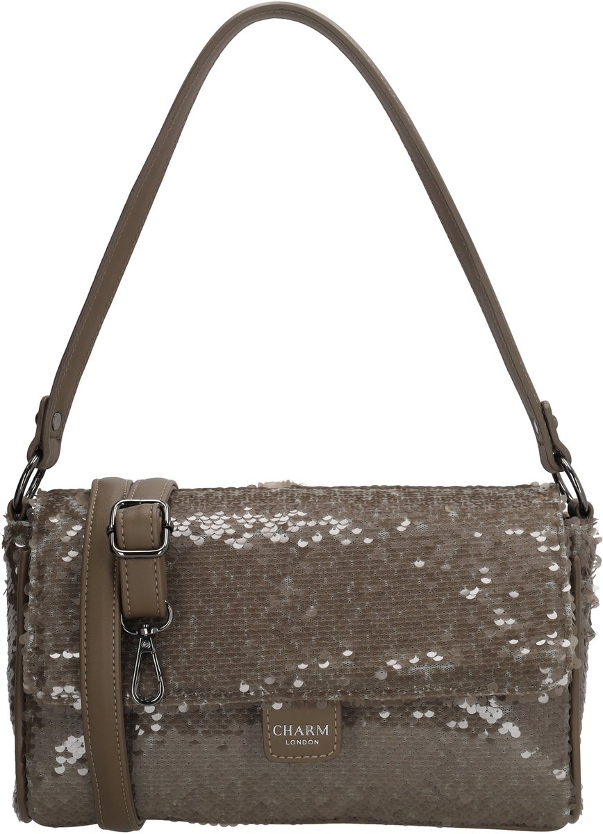 Charm London Las Vegas Schoudertas - Pailletten - Overslagtas - Verstelbare Schouderband - Feesttas - Dames Tas - Crossbody - Handtas - Taupe