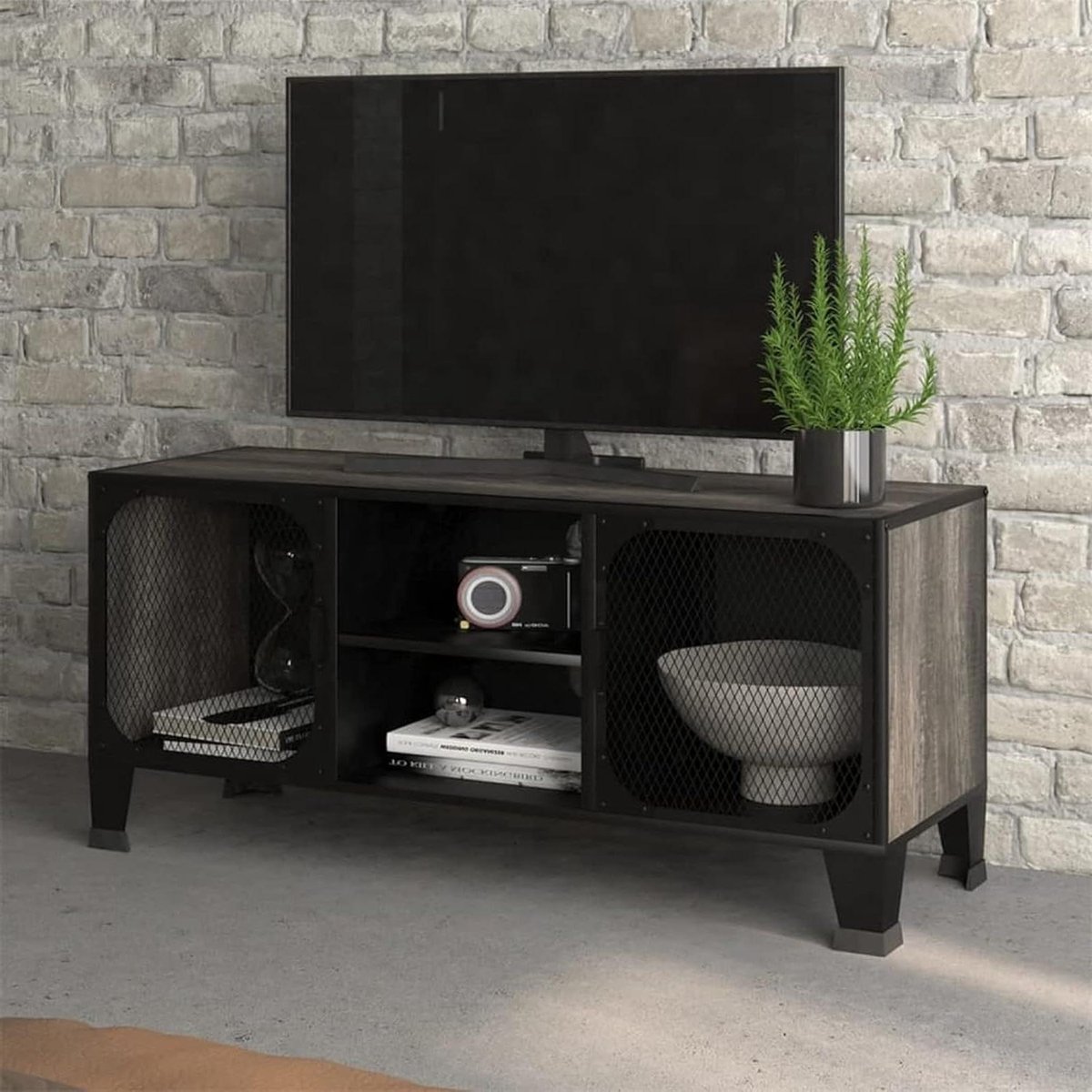 JUDYY 335910 TV Cabinet, Grey, 105 x 36 x 47 cm, Metal and MDF, TV Cabinet, TV Cabinet for Living Room, Modern TV Cabinet, 335910