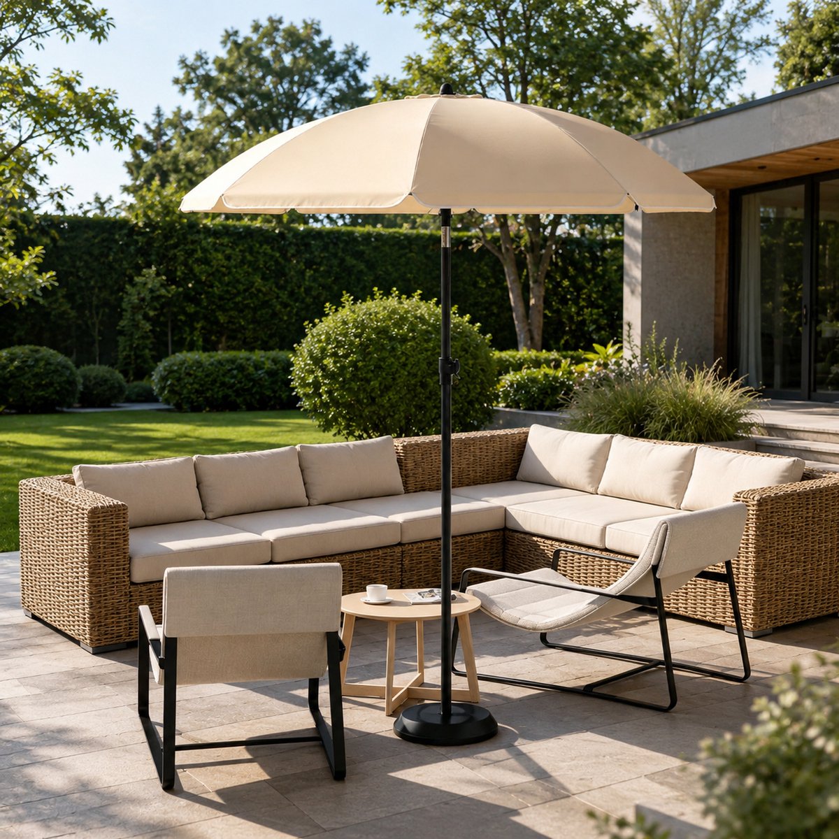 Stokparasol - Opvouwbaar parasol - Rond - Strandparasol - Tuin - Balkonparasol - UV-bescherming - Waterdicht - 35° Kantelbaar - Ø 175cm - Beige